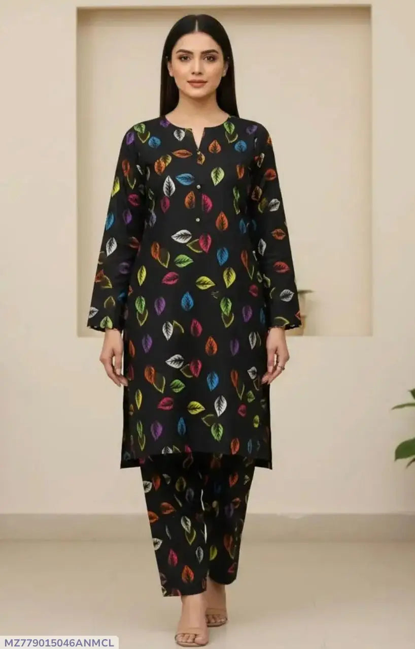 2 Pcs Women's Unstitched 3-D Block Printed Suit