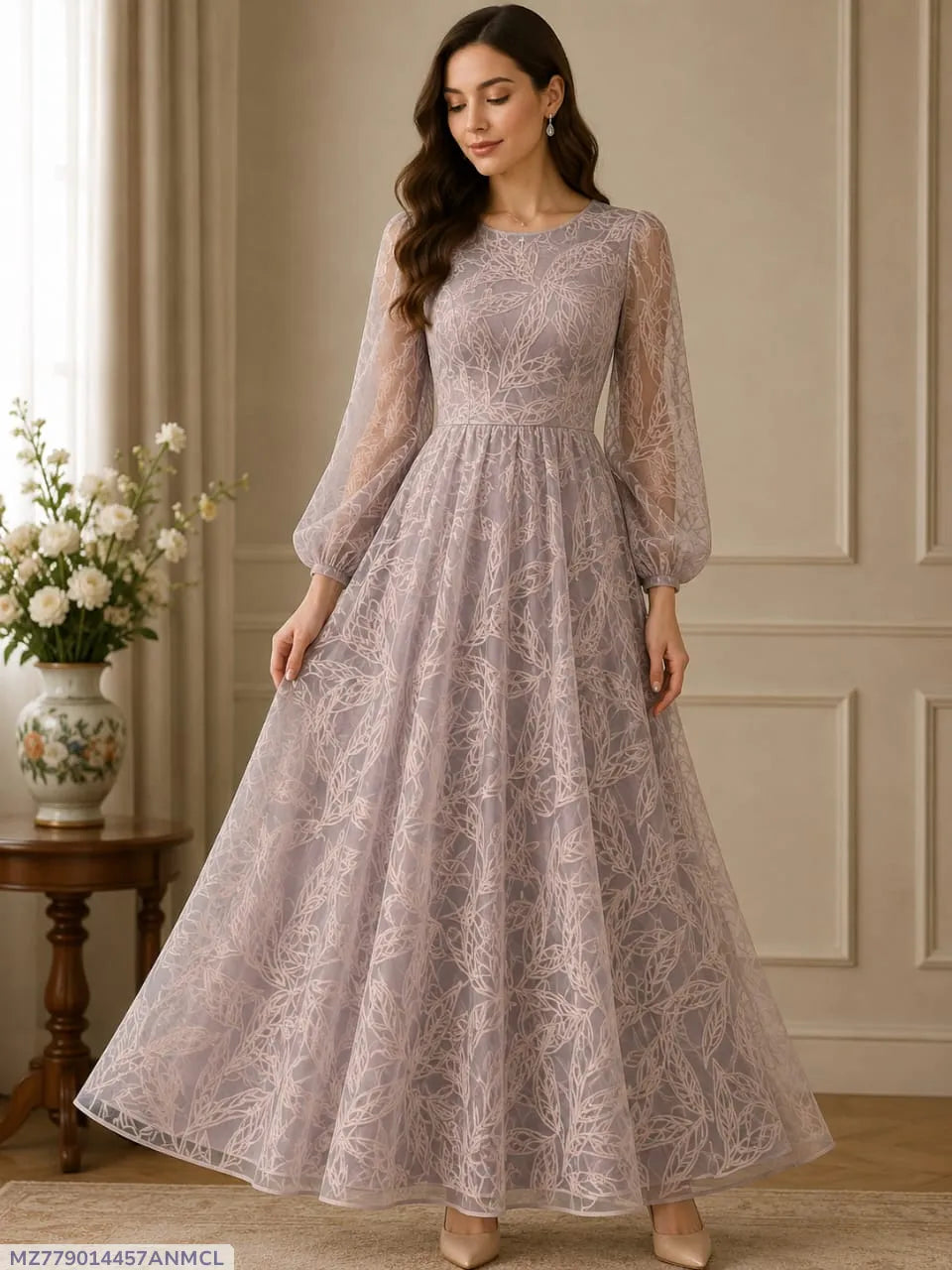 Purple 3D Block Printed Gown Dress for Women
