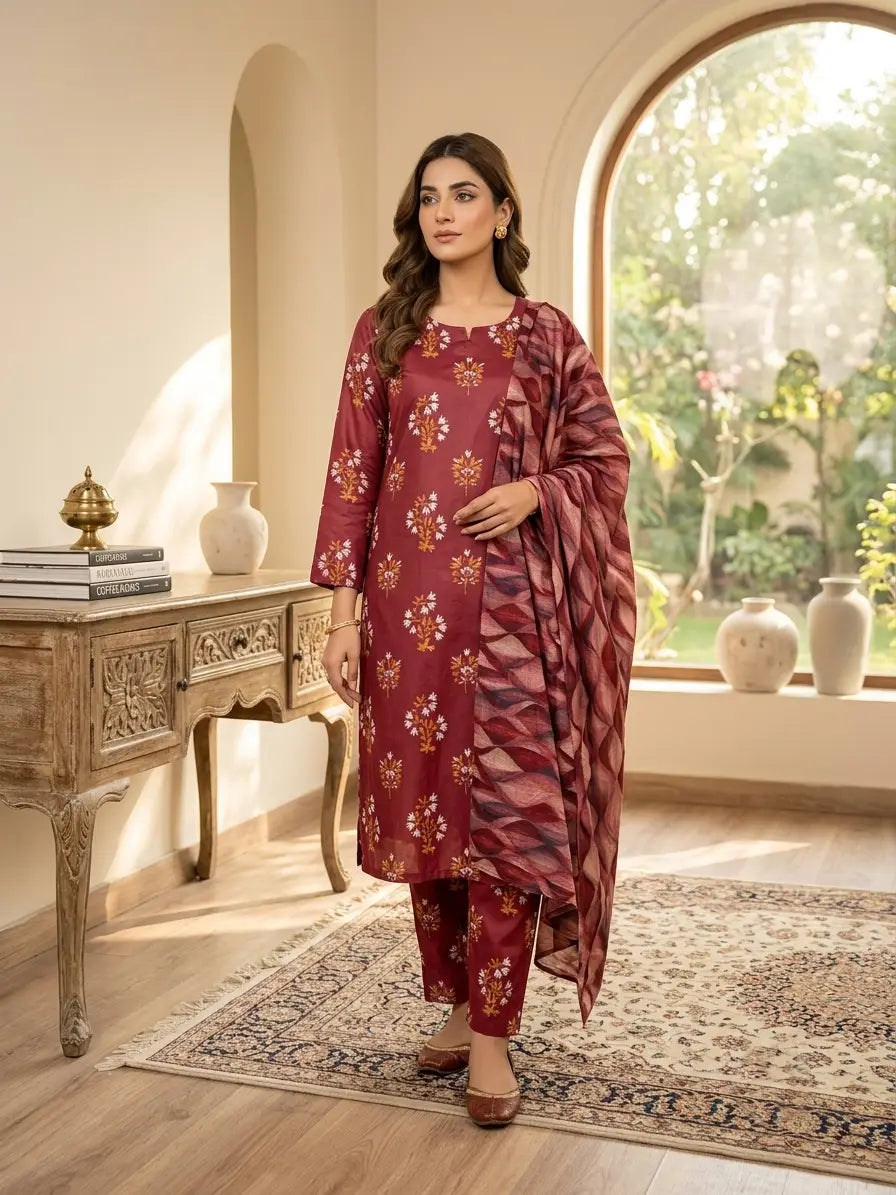 3 Pcs Women's Stitched Printed Suit