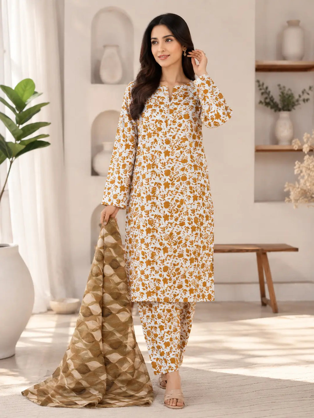 3 Pcs Women's Stitched Printed Suit