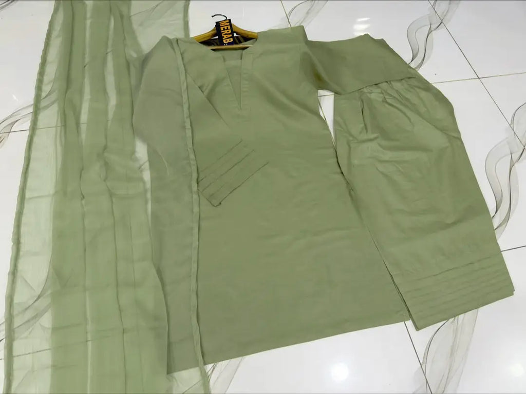 3 Pcs Women's Stitched Cotton Plain Suit