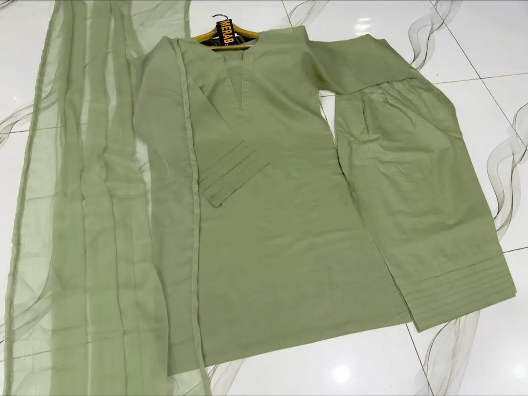 3 Pcs Women's Stitched Cotton Plain Suit