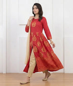 Red Block Printed Arabic Lawn Maxi Set for Women