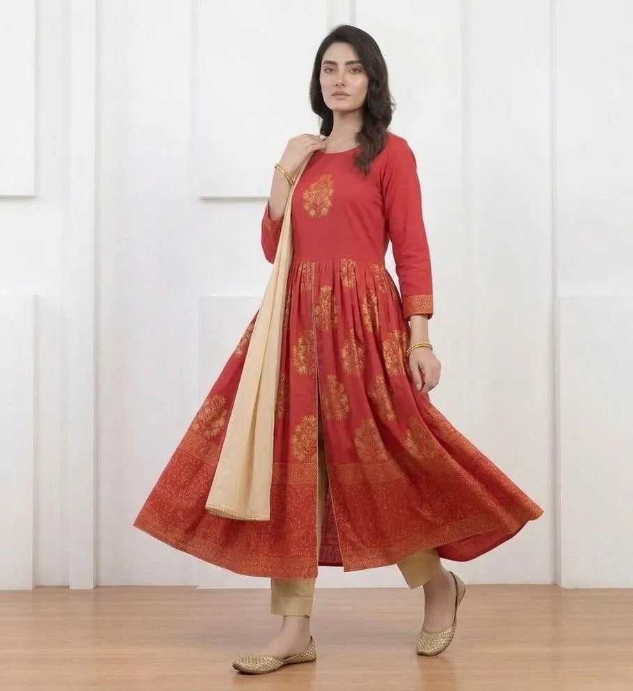 Red Block Printed Arabic Lawn Maxi Set for Women