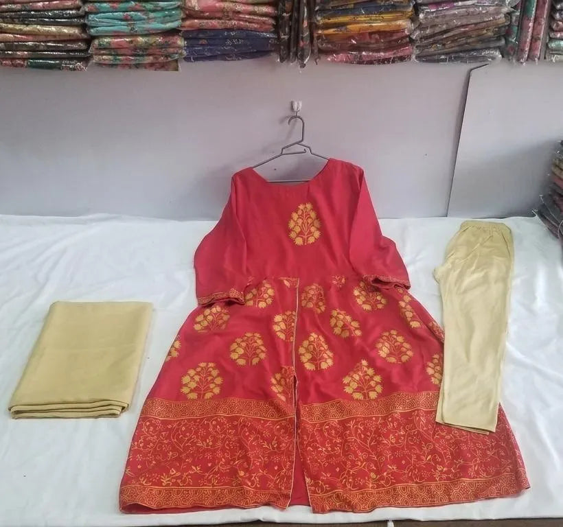 Red Block Printed Arabic Lawn Maxi Set for Women
