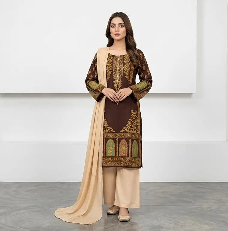 Brown Block Printed Arabic Lawn 3Pcs Set