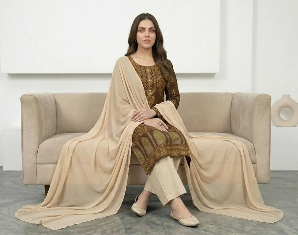 Brown Block Printed Arabic Lawn 3Pcs Set