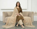 Brown Block Printed Arabic Lawn 3Pcs Set
