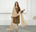 Brown Block Printed Arabic Lawn 3Pcs Set