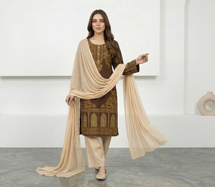 Brown Block Printed Arabic Lawn 3Pcs Set