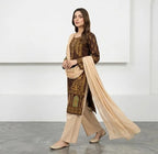Brown Block Printed Arabic Lawn 3Pcs Set