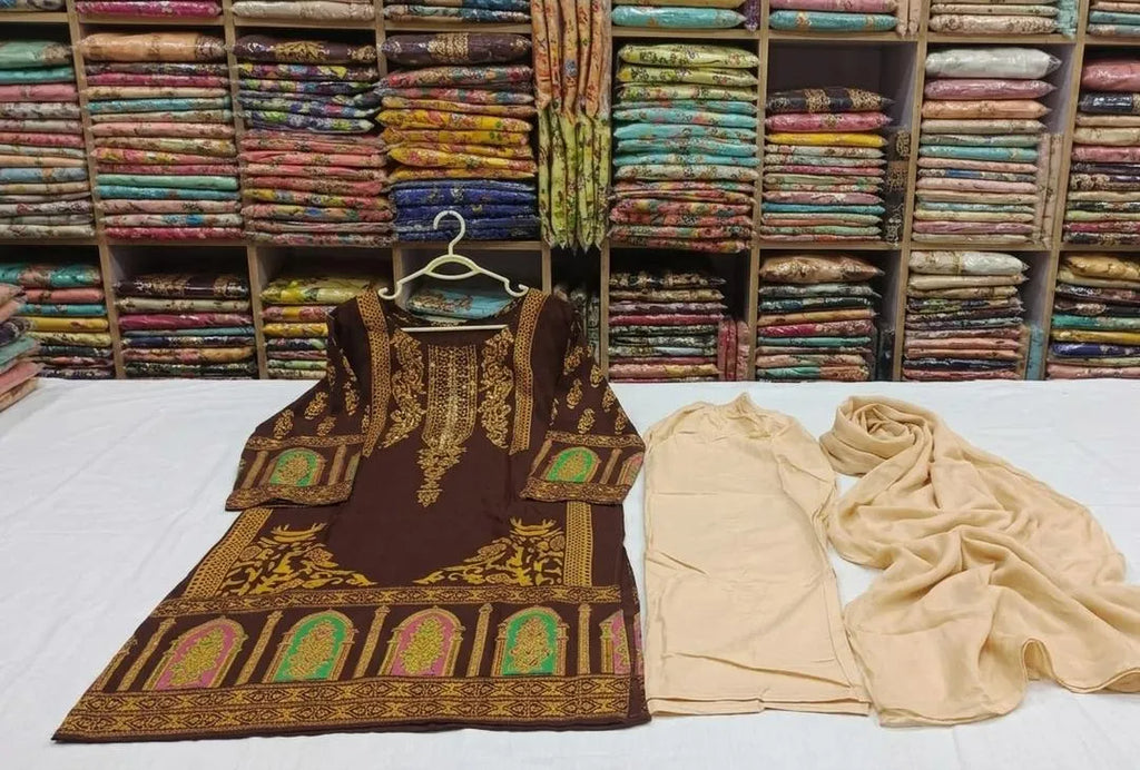 Brown Block Printed Arabic Lawn 3Pcs Set