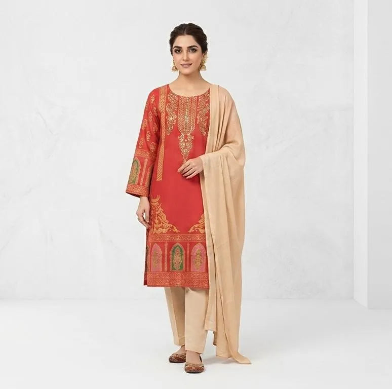 Red Arabic Lawn 3Pcs Block Printed Suit with Chiffon Dupatta