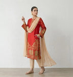 Red Arabic Lawn 3Pcs Block Printed Suit with Chiffon Dupatta