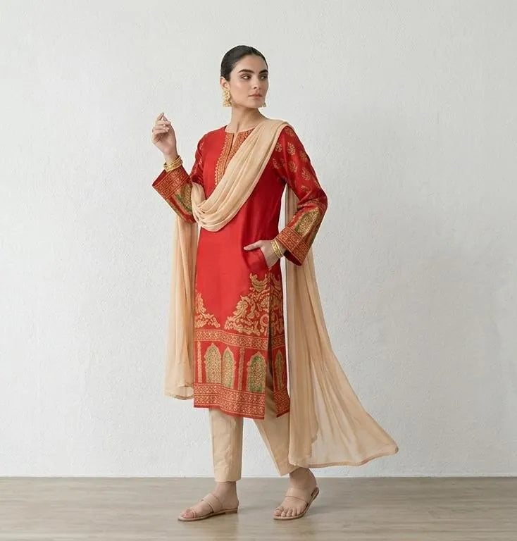 Red Arabic Lawn 3Pcs Block Printed Suit with Chiffon Dupatta