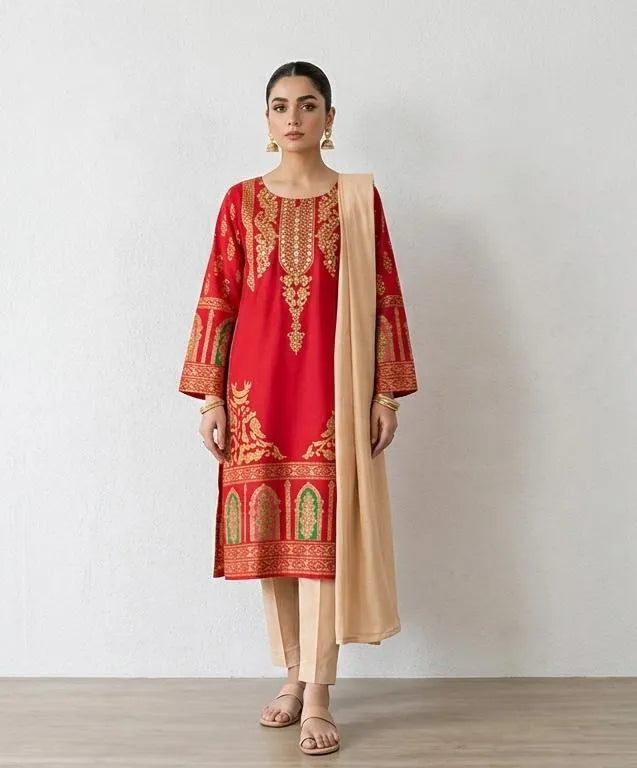 Red Arabic Lawn 3Pcs Block Printed Suit with Chiffon Dupatta