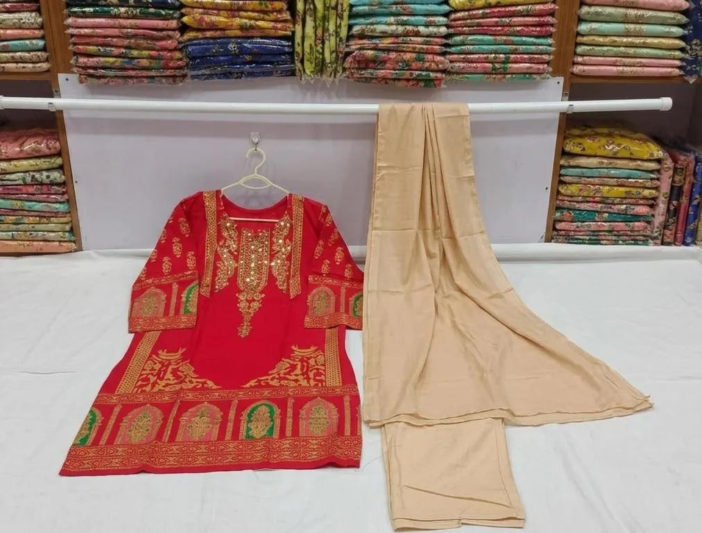Red Arabic Lawn 3Pcs Block Printed Suit with Chiffon Dupatta