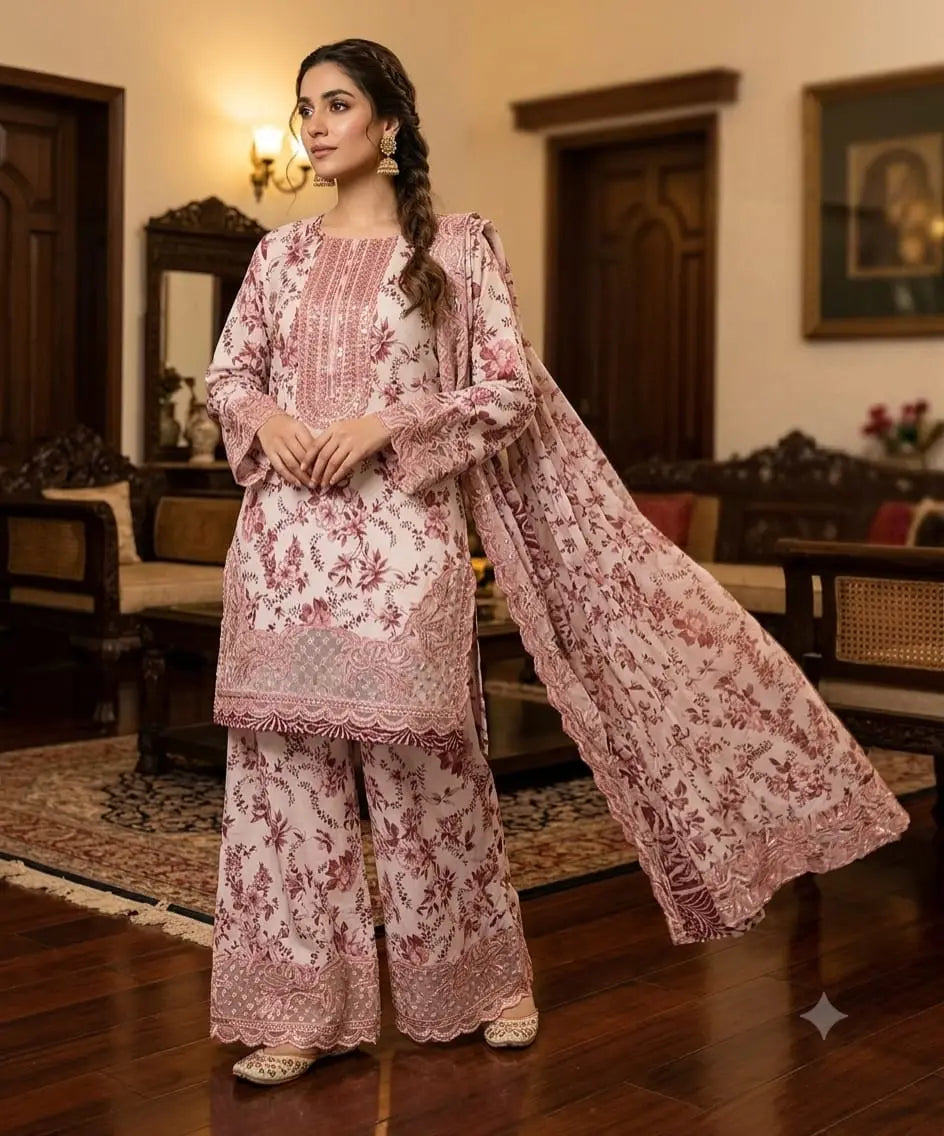 3 Pcs Women's Stitched Lawn Embroidered Suit